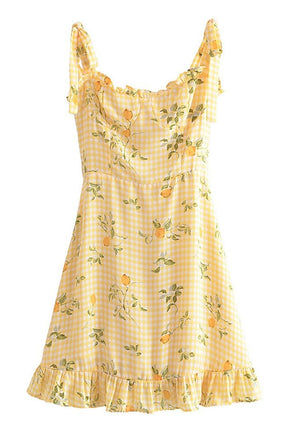 Yellow lemon print plaid dress for summer.