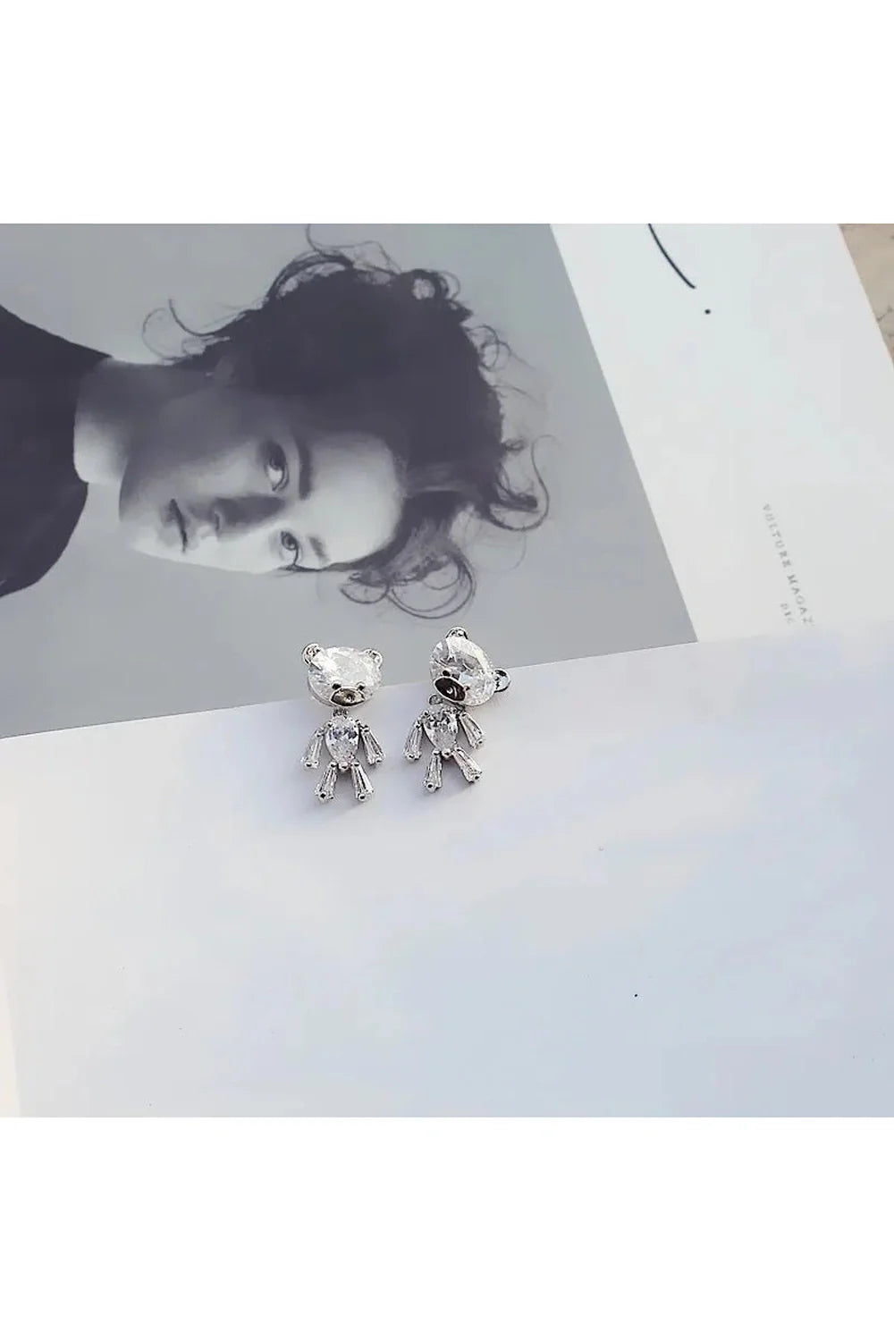 "Dainty Little Bear Zirconia Stud Earrings in 925 Silver."