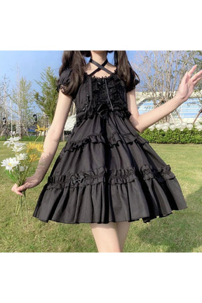 Charming Beige Kawaii Goth Lace Ruffle Dress.