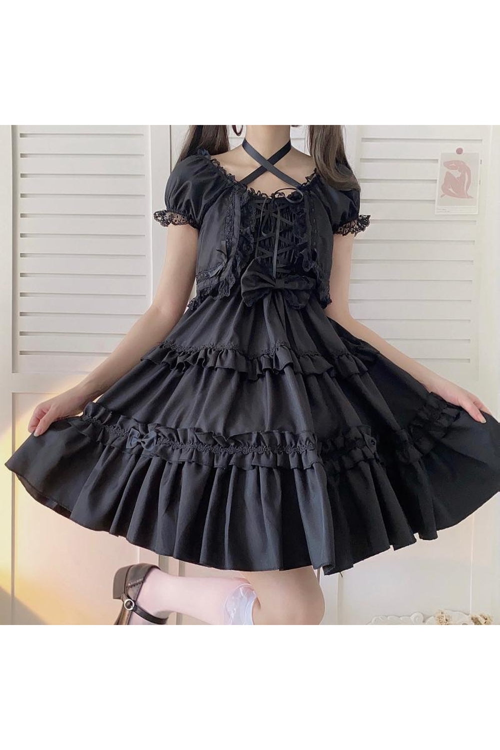 Black Kawaii Goth Lace Ruffle Dress with elegant lace.