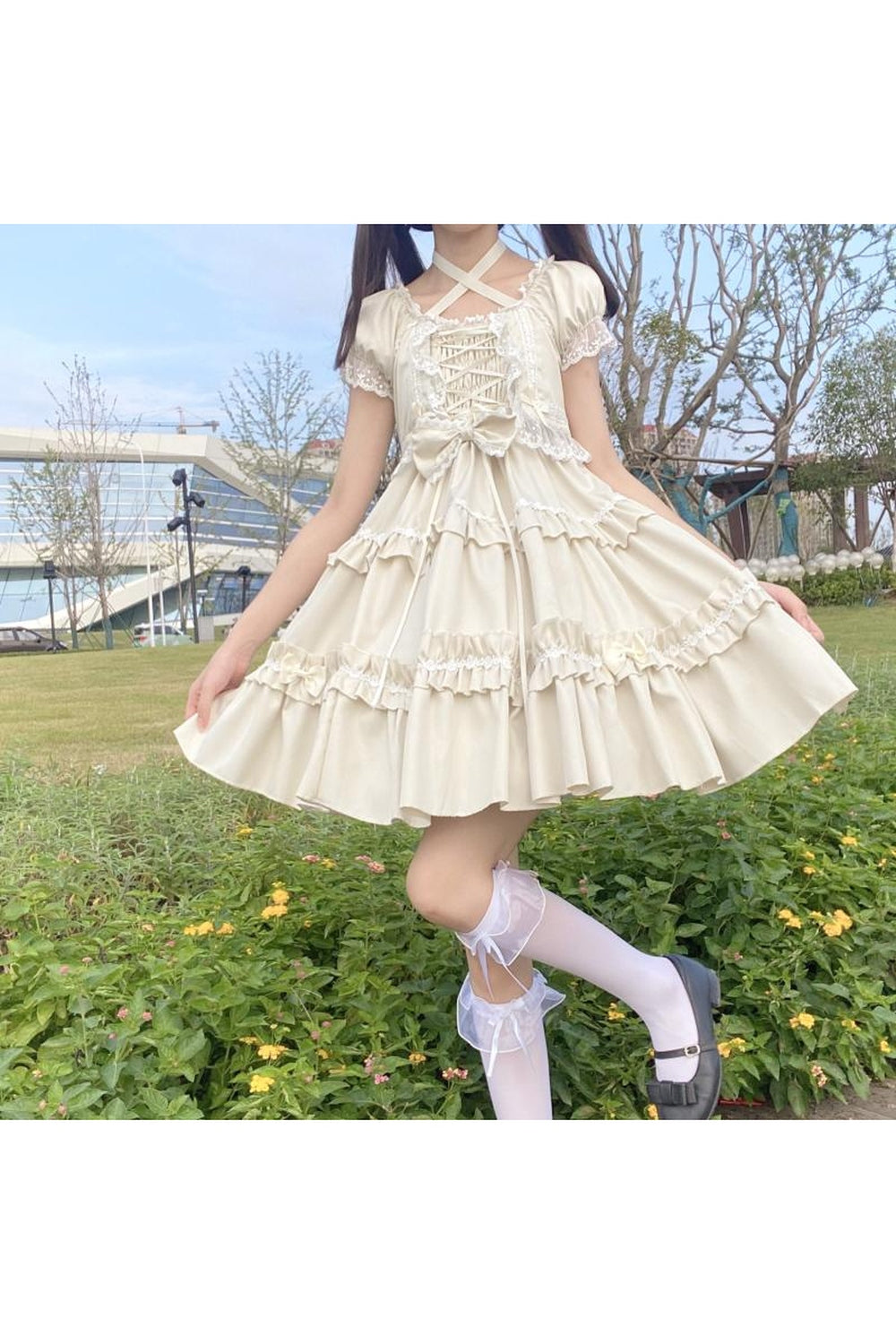 Charming Beige Kawaii Goth Lace Ruffle Dress.