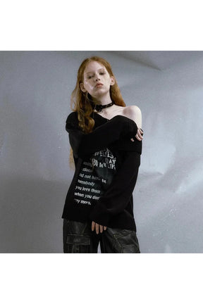 Cozy "Lonely Verse" Off-Shoulder Sweater in black.