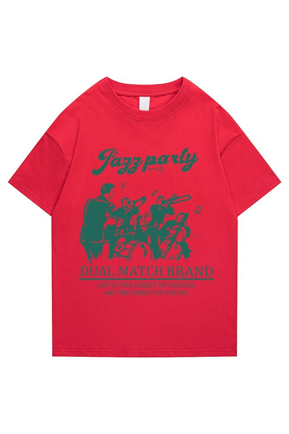 Red loose retro printed T-shirt with vintage design.