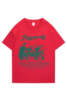 Red loose retro printed T-shirt with vintage design.