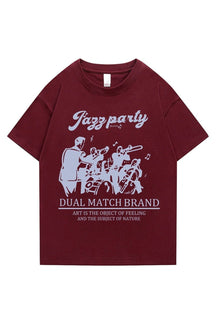 Vintage Loose Retro Printed T-shirt in Wine Red.