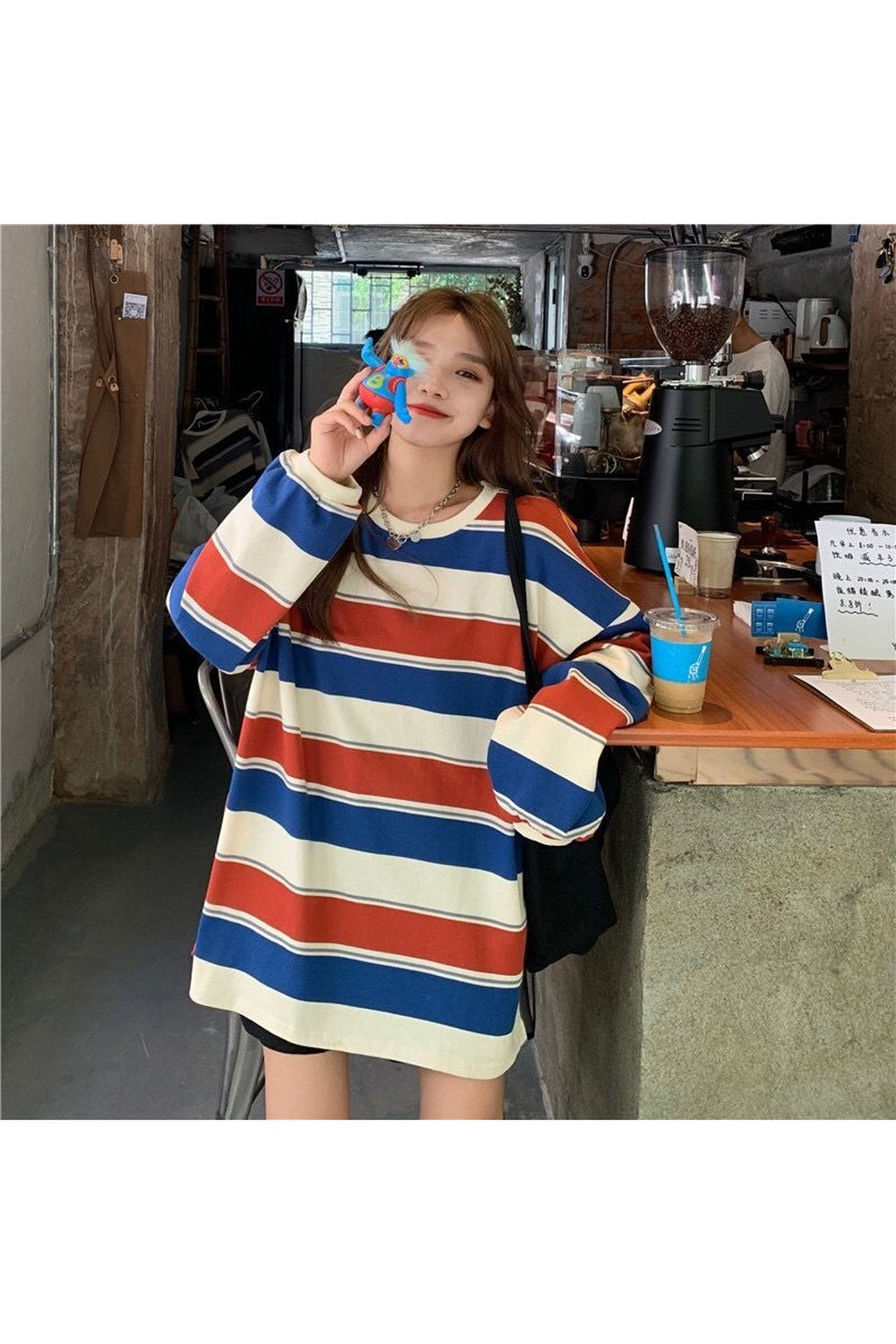 Loose Striped Aesthetic T-shirt in vibrant red-blue.