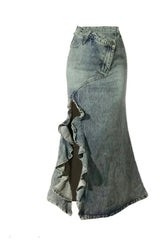 Blue Mermaid Denim Skirt with textured design.