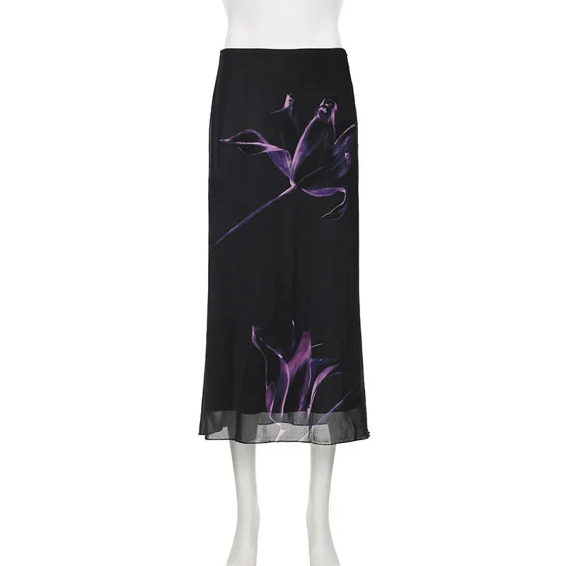 Elegant Midnight Bloom Maxi Skirt in black lace.