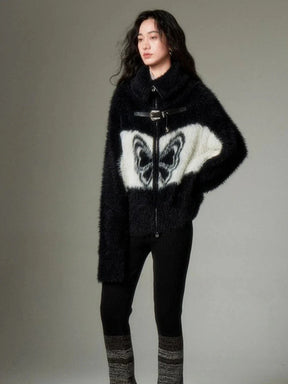 Cozy black Midnight Butterfly Fuzzy Jacket for winter.