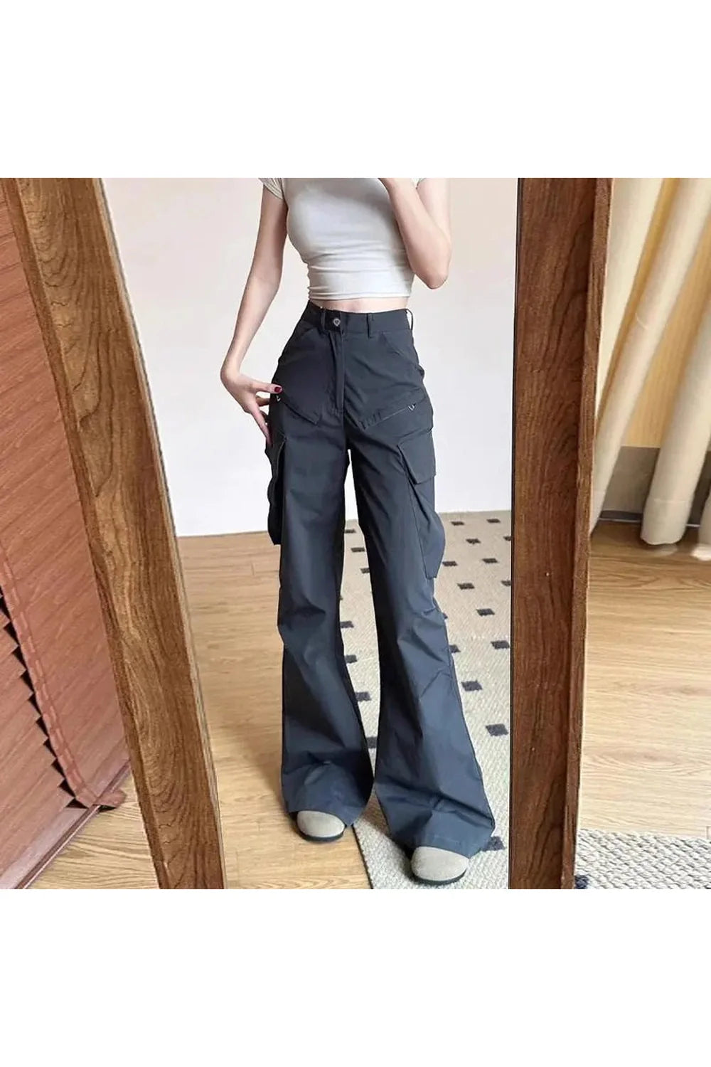 Stylish Grey Midnight Cargo Flare Pants for women.