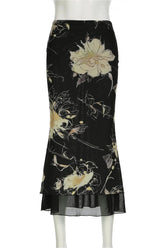 Elegant black Midnight Floral Maxi Skirt with flair.