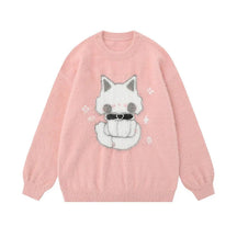 Cozy Pink Midnight Kitty Sweater with fuzzy texture.