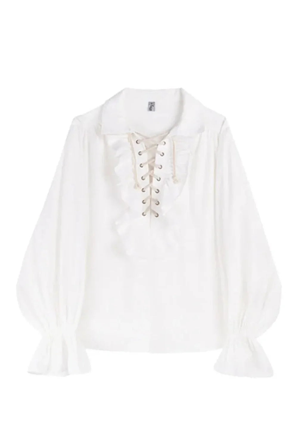 White ruffle lace-up blouse exudes midnight charm.