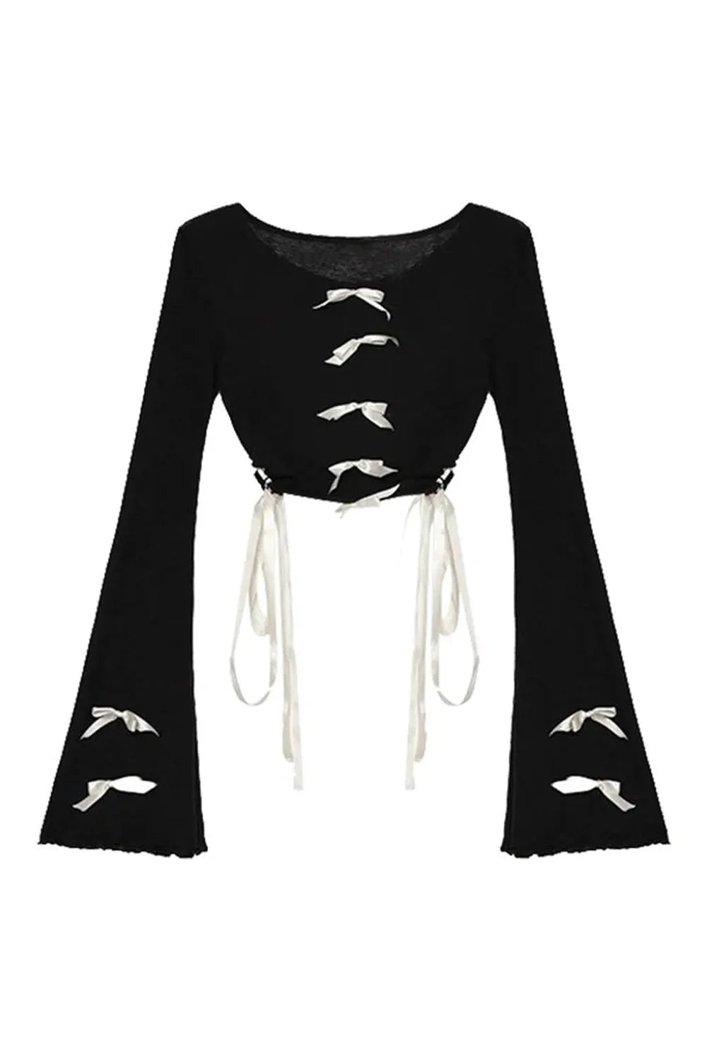 Elegant Black Midnight Ties Bell-Sleeve Top.