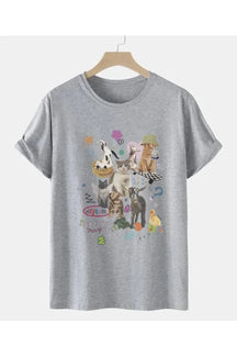 Oversized light grey t-shirt with milk cat graphic.