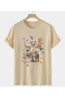 Oversized khaki t-shirt with milk cat graphic.