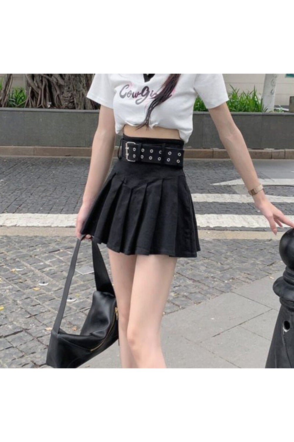 Black mini pleated Korean skirt with sashes.