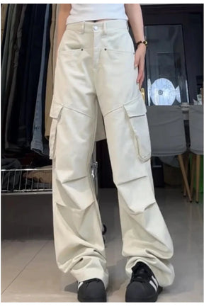 Stylish Off White cargo pants with wide legs.