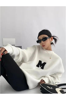 Beige Monochrome Varsity M Oversized Sweatshirt, cozy.