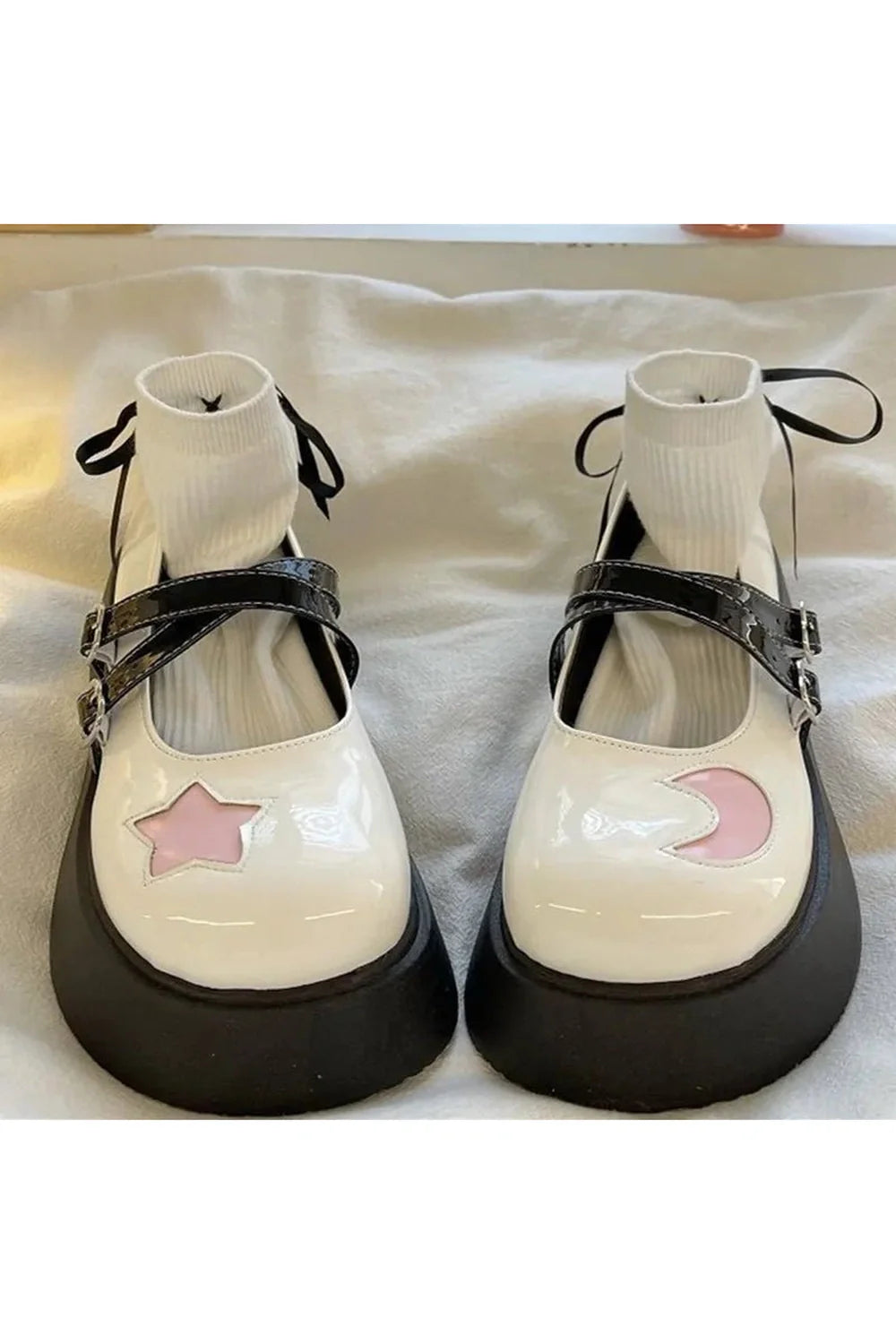 Cute Moon & Star Platform Mary Janes, WHITE.