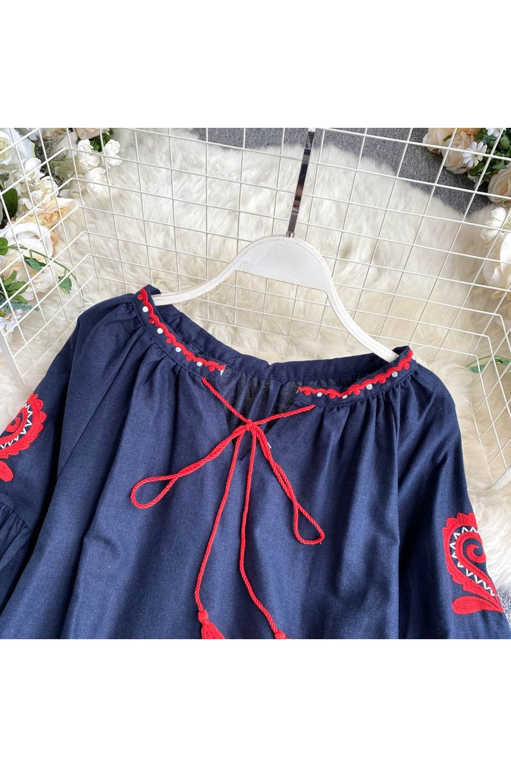 National Style Embroidered Lace-Up Blouse