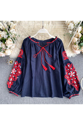 National Style Embroidered Lace-Up Blouse