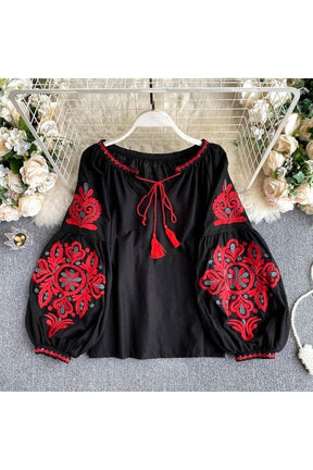 Black embroidered lace-up blouse with national style.