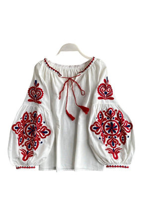 National Style Embroidered Lace-Up Blouse