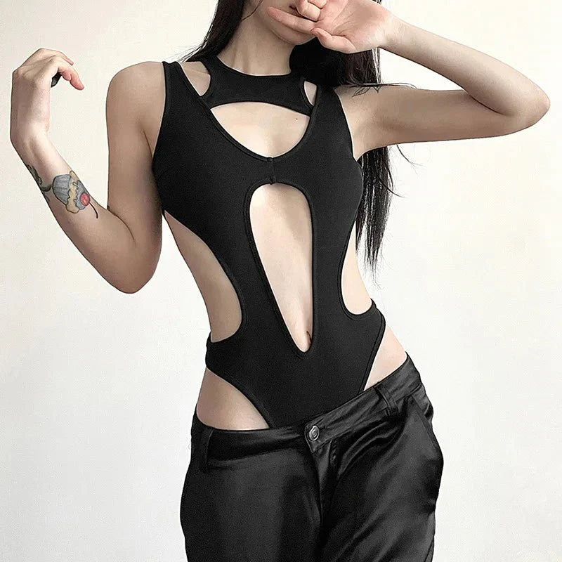 Sleek black Obsidian Cutout Bodysuit with edgy design.