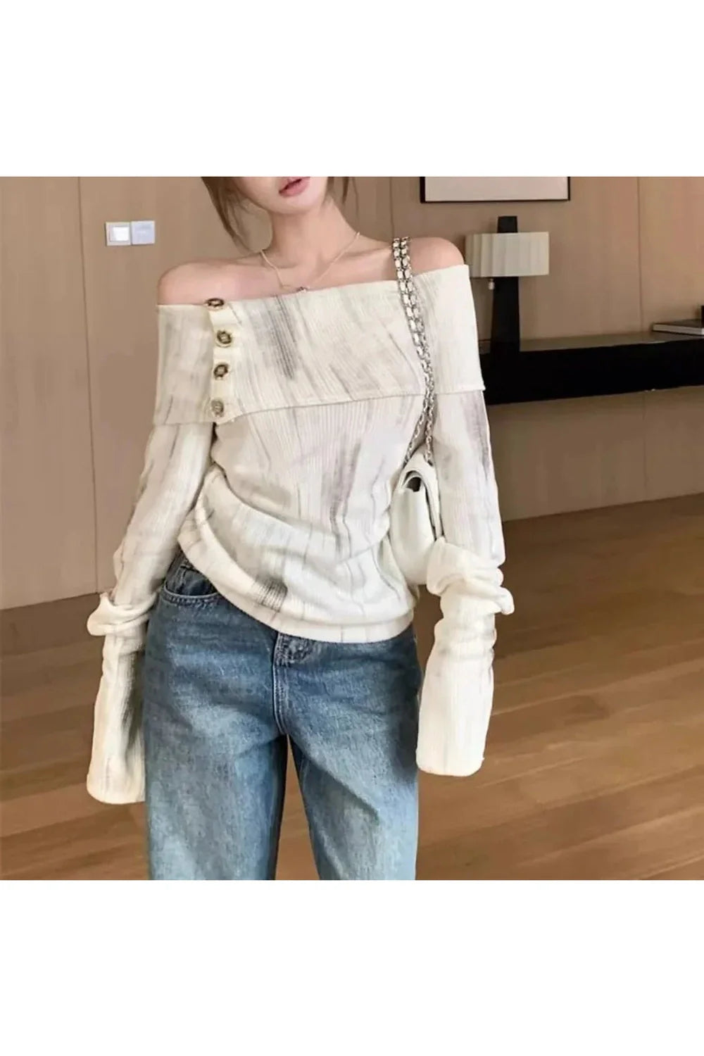 Off-Shoulder Buttoned Knit Top