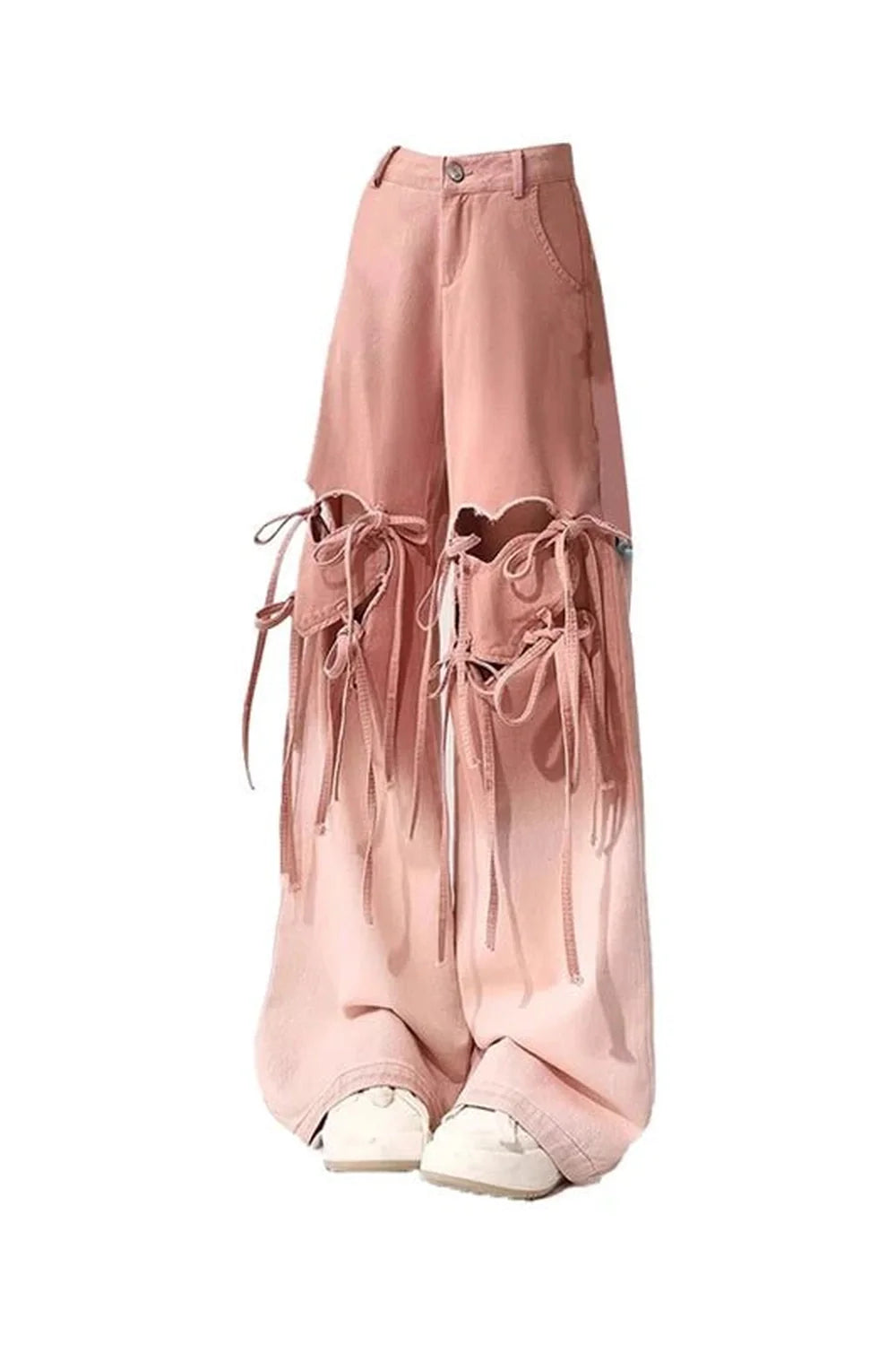 Pink ombre cutout lace-up pants exude elegance.