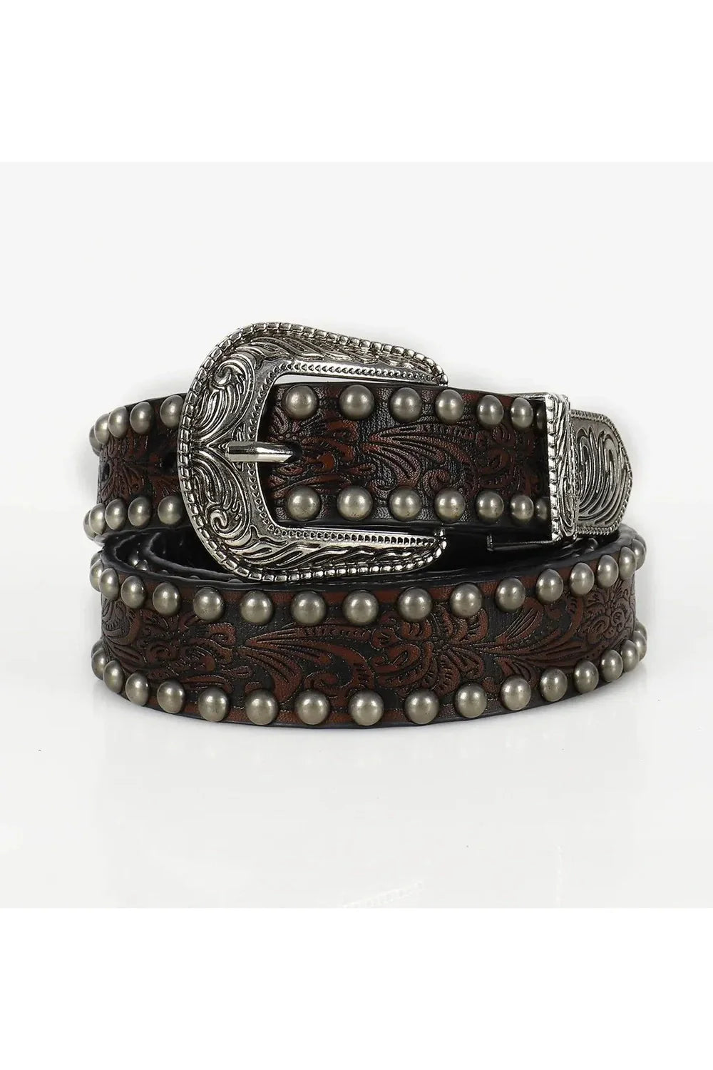 Western-style Coffee Studded Belt with ornate design.