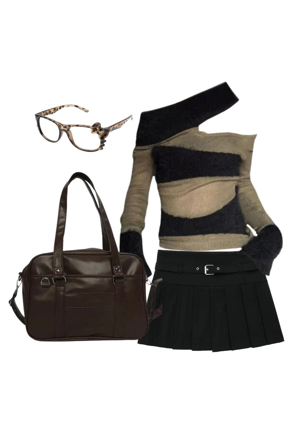 Stylish autumn ensemble with short skirt, asymmetrical top.