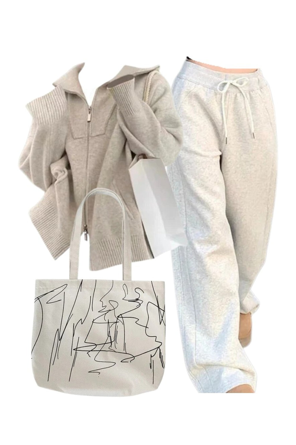 Outfit: Cozy Neutral Zip-Up Sweater+Vintage Gray Jogging Pants+Artsy Minimalism Shopping Bag