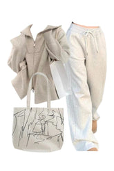 Outfit: Cozy Neutral Zip-Up Sweater+Vintage Gray Jogging Pants+Artsy Minimalism Shopping Bag