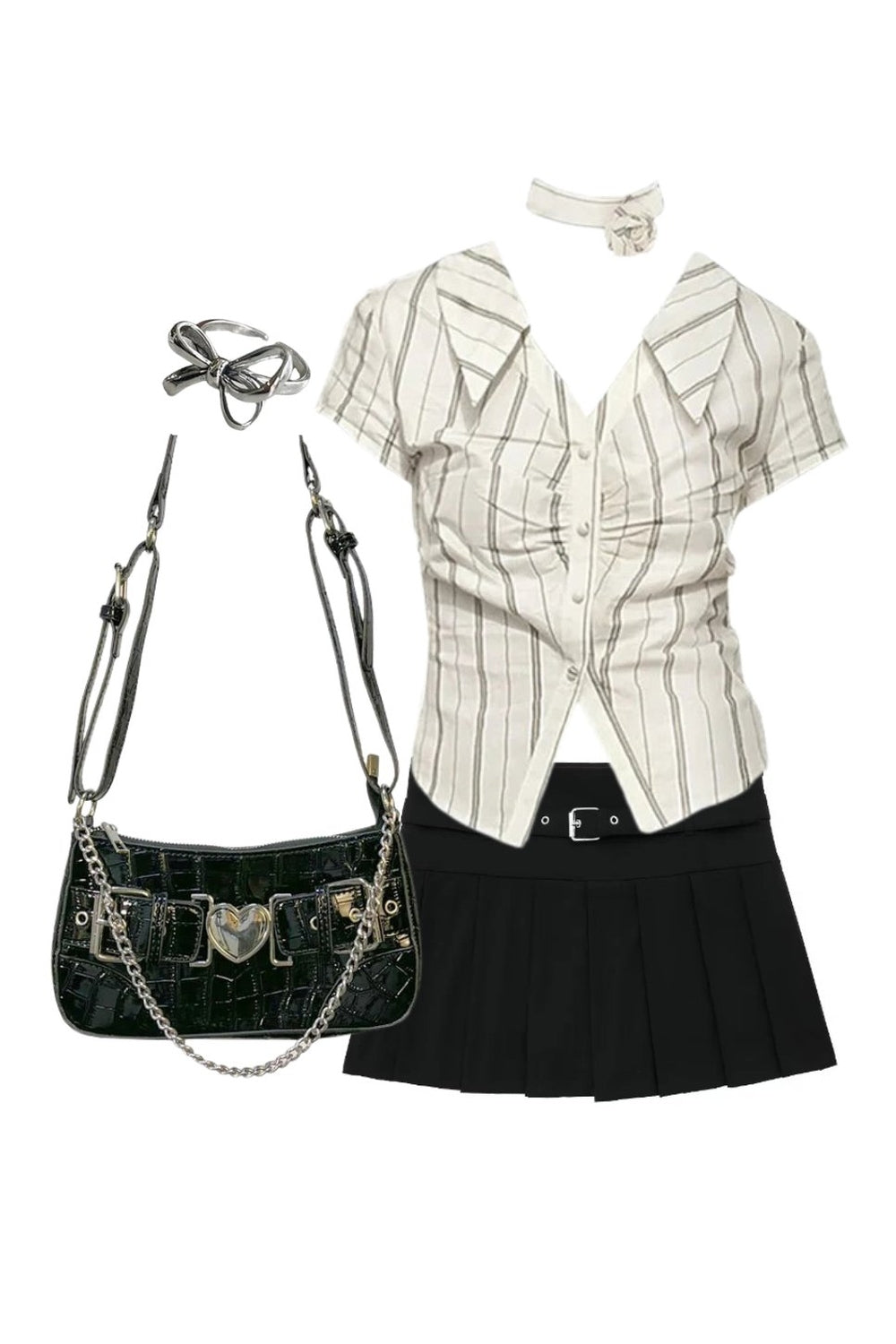 Elegant office blouse, chic skirt, chain bag outfit.