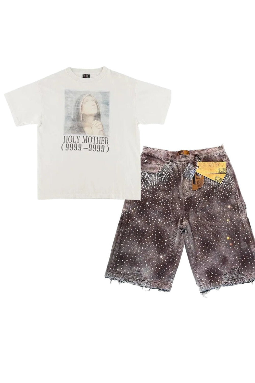 Trendy distressed denim shorts and graphic tee set.