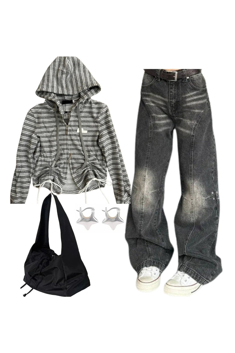 Y2k Outfit: Striped Cozy Zip-Up Hoodie+Washed Black Wide-Leg Jeans+Fashionable Black Nylon Bucket Handbag+Earrings