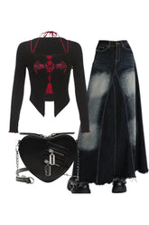 Y2K alt goth graphic print outfit set.