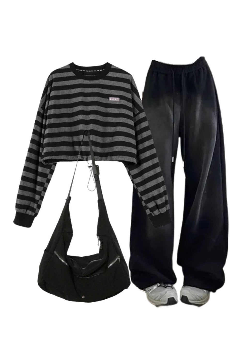 Y2K grunge outfit with baggy sweatpants and striped sweatshirt.