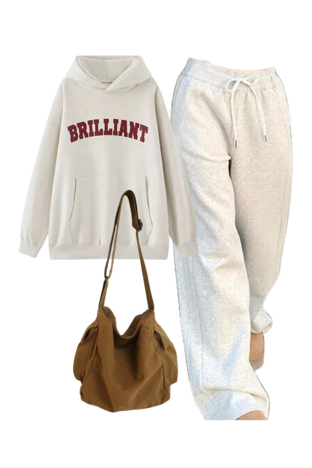 Stylish casual ensemble: hoodie, joggers, and bag.