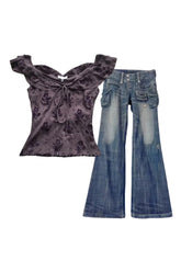 Cargo chic jeans with off-shoulder lace top set.