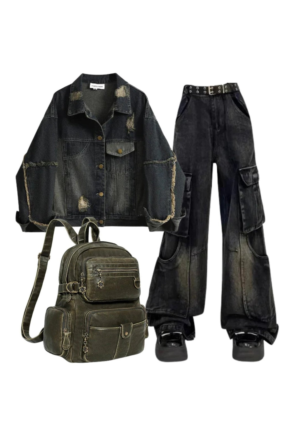 Y2K outfit featuring distressed denim jacket and cargo jeans.