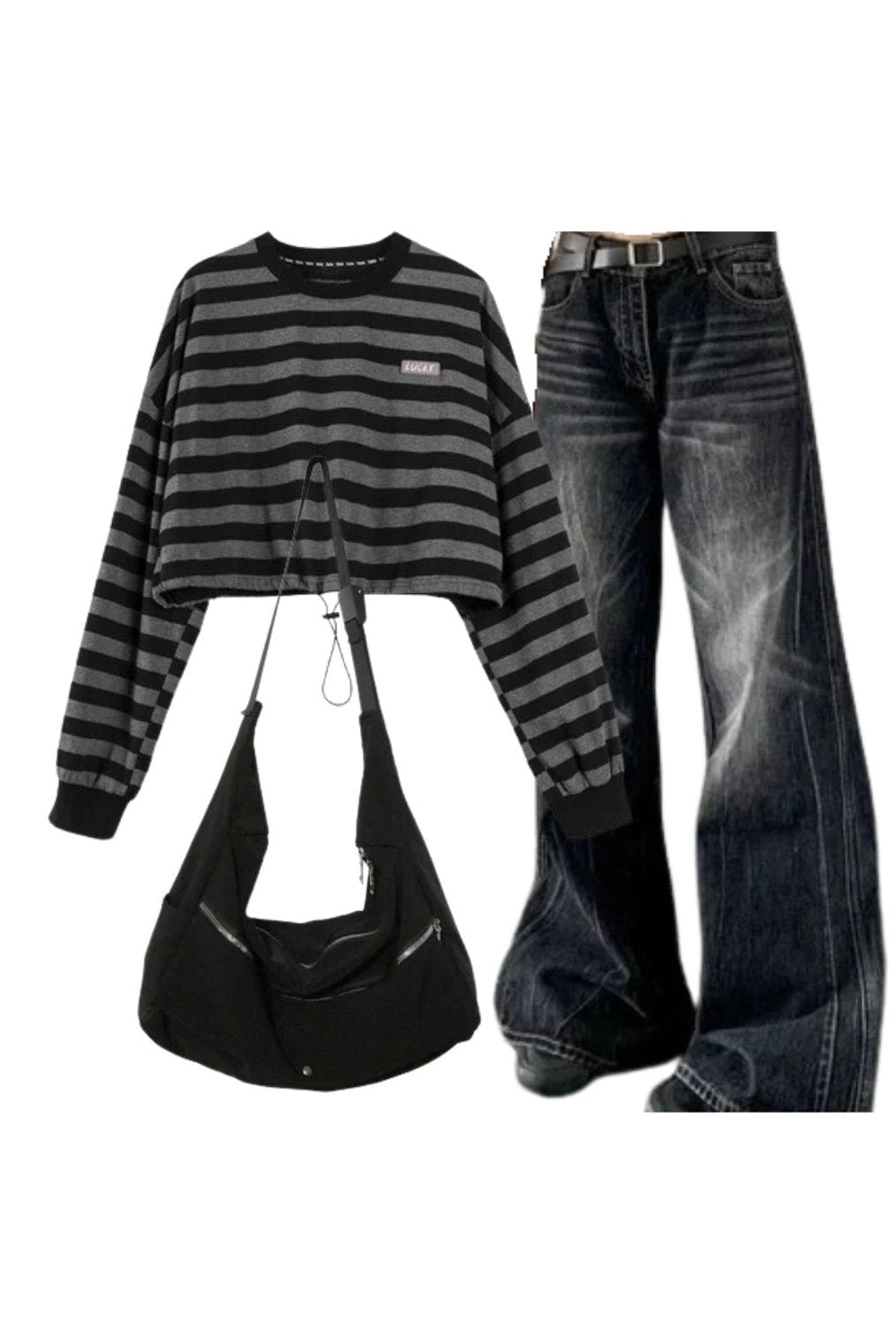 Y2k Outfit: Distressed Vintage Wide-Leg Jeans+Striped Drawstring Women's Sweatshirt+High Quality Nylon Shoulder Bag