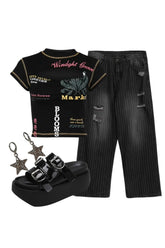 Outfit: Edgy Text Print Keyhole Top+Grunge Distressed Pinstripe Pants+Glossy Buckle Platform Sandals+Earrings