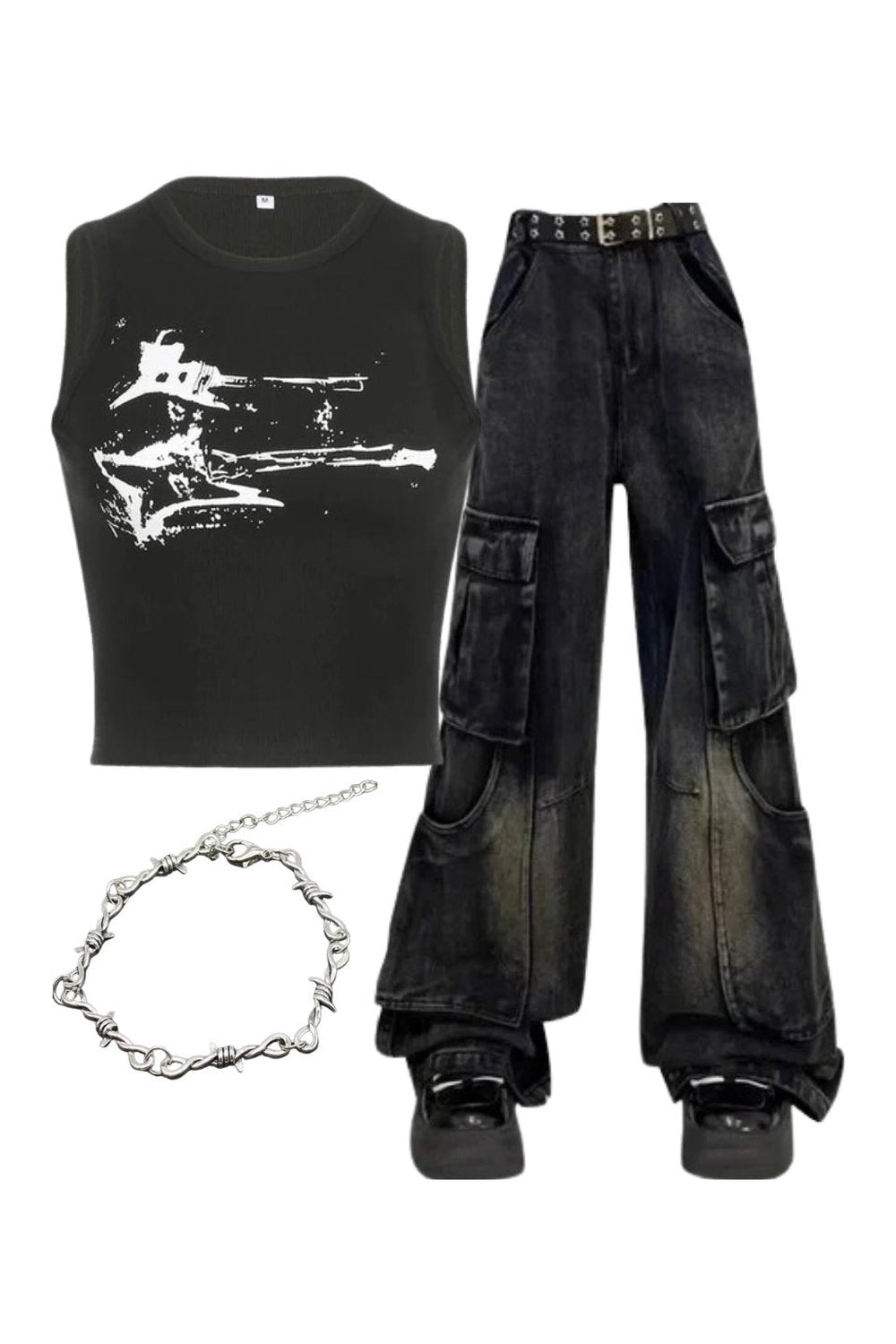 Stylish Y2k outfit: Gothic cargo jeans set.