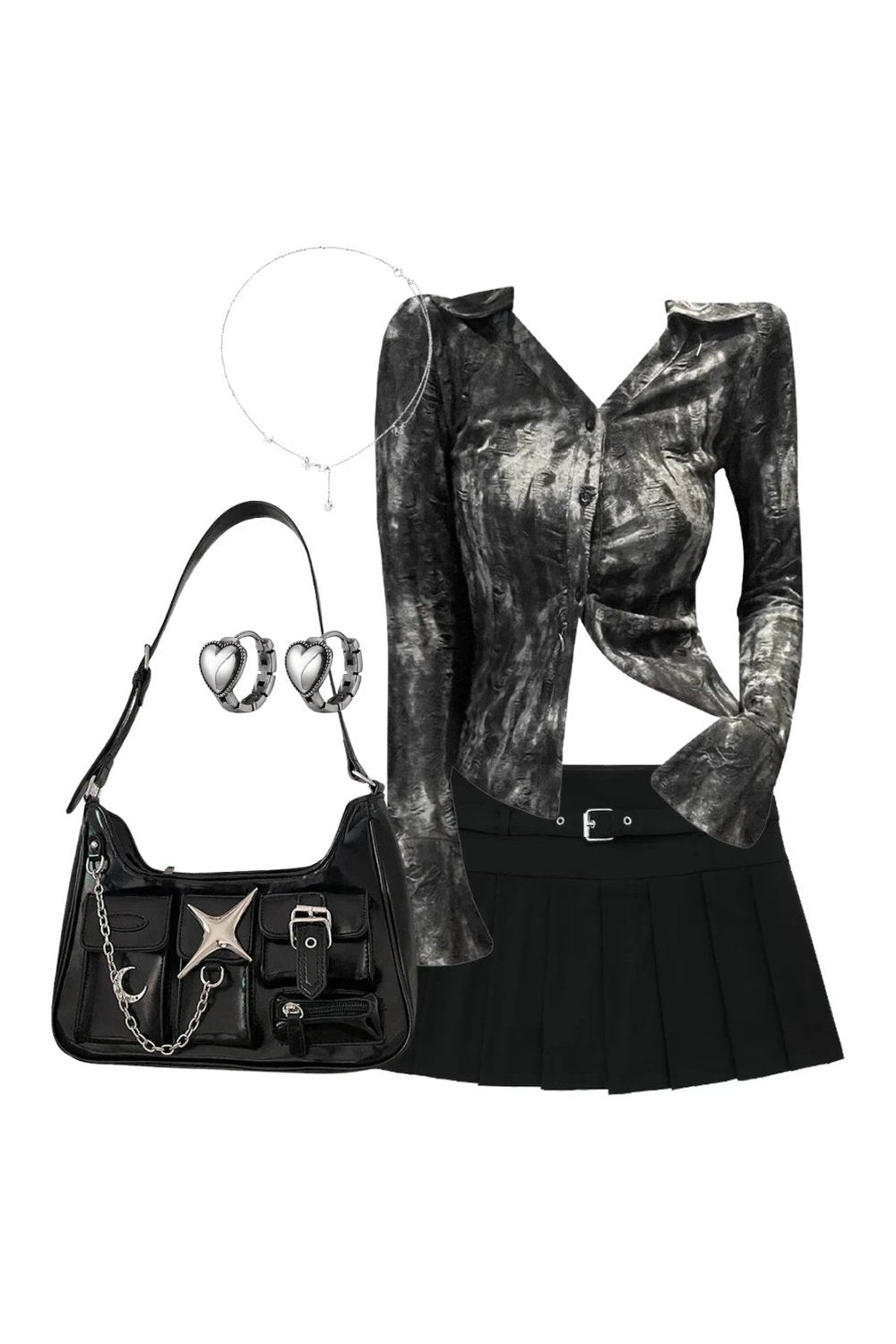 Y2k outfit with metallic blouse, chic skirt, and accessories.