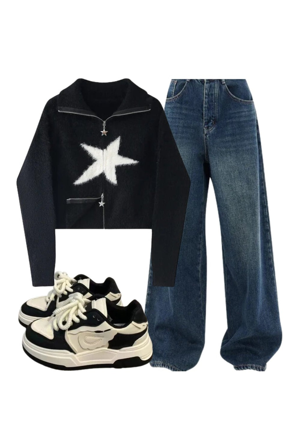 Y2k Outfit: Oversized Dark Wash Wide-Leg Jeans+Star Zip-Up Fuzzy Sweater+Pastel Dream Wave Sneakers