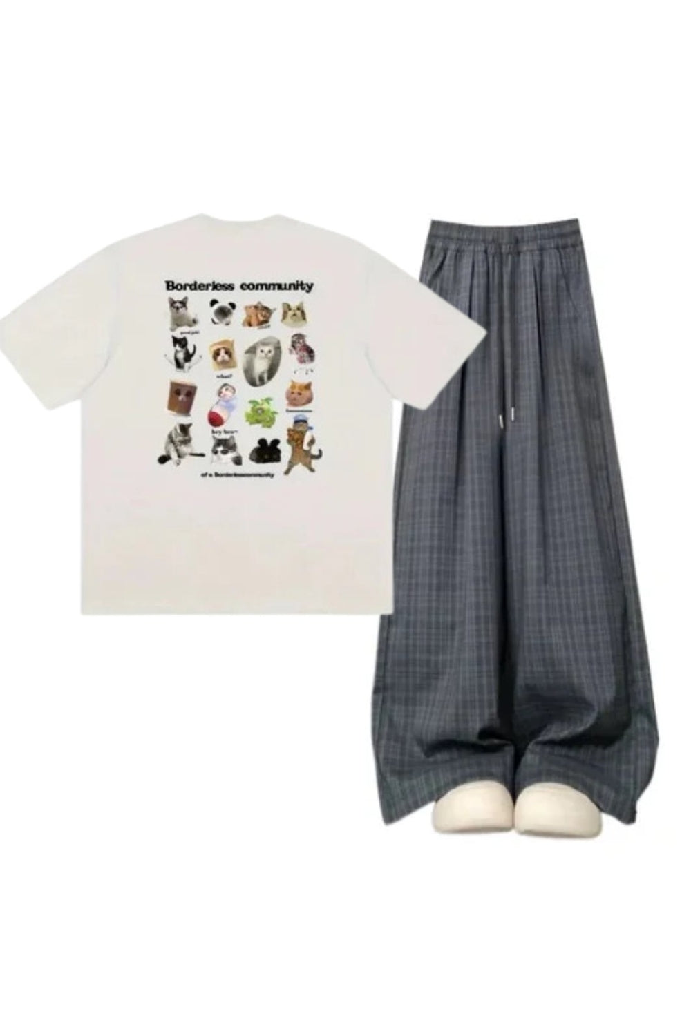 Y2k oversized plaid pants with pet print tee.