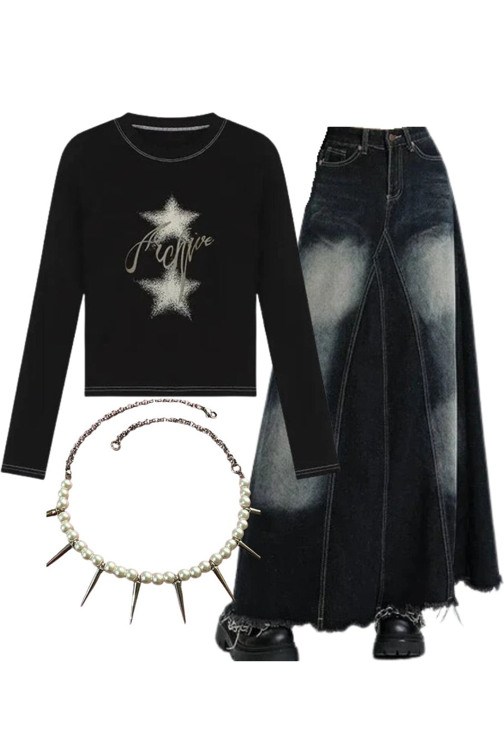 Y2k outfit with sparkle top, denim skirt, necklace.